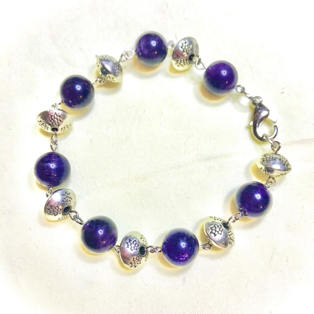Handmade Amethyst Beaded Bracelet with Silver Decorative Charms